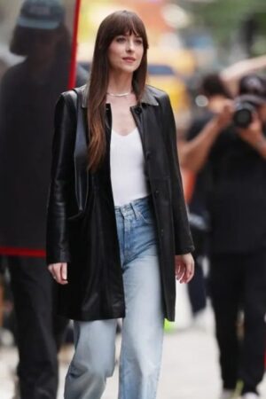 Dakota Johnson Movie Materialists 2024 Black Leather Coat.
