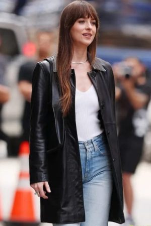Dakota Johnson Movie Materialists 2024 Black Leather Coat