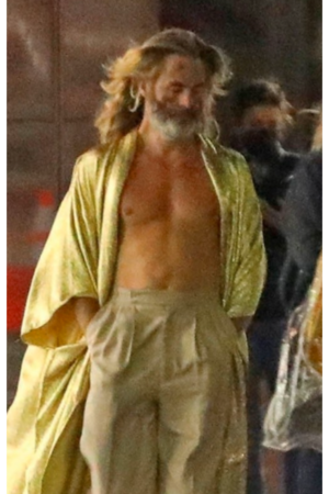 Darren Barrenman Film Poolman 2024 Chris Pine Gold Robe.