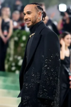 Lewis Hamilton Met Gala 2024 Black Floral Bullion Coat.