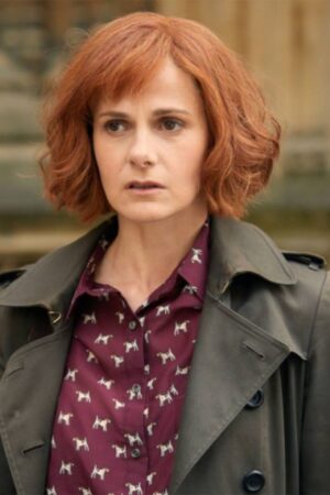 Louise Brealey A Discovery Of Witches Gillian Chamberlain Dog Print Burgundy Shirt