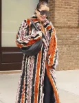 Rita Ora 2024 Met Gala Bold Fluffy Fur Stripes Orange Long Coat.