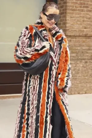 Rita Ora 2024 Met Gala Bold Fluffy Fur Stripes Orange Long Coat.