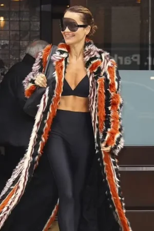 Rita Ora 2024 Met Gala Bold Fluffy Fur Stripes Orange Long Coat