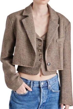 Tv Series Buying London 2024 Rasa Bagdonaviciute Brown Tweed Cropped Blazer.