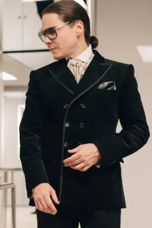 Becoming Karl Lagerfeld 2024 Daniel Brühl Black Double Breasted Velvet Blazer