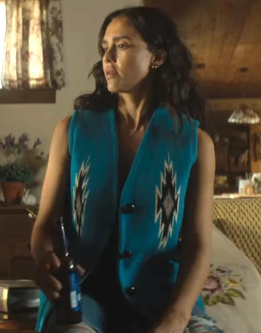 Parker Film Trigger Warning 2024 Jessica Alba Blue Aztec Vest Parker Film Trigger Warning 2024 Jessica Alba Blue Aztec Vest