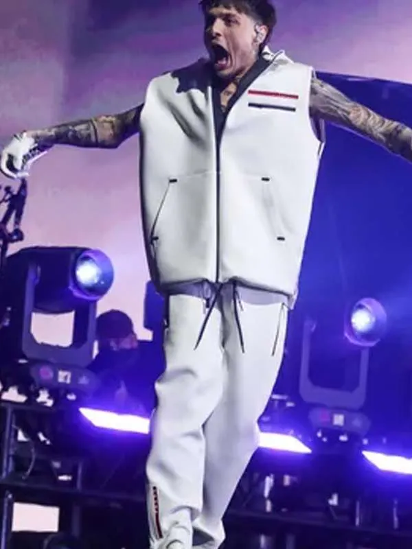 Peso Pluma Mexican Singer Coachella 2024 White Hooded Vest.