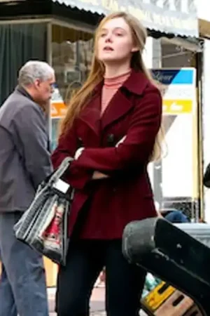 Sylvie Russo A Complete Unknown Elle Fanning Maroon Coat.