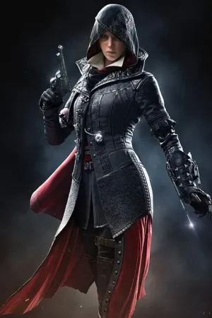 Video Game Assassin's Creed Syndicate Evie Frye Black And Red Leather Coat With Hood.