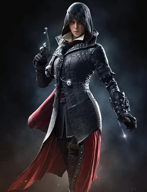 Video Game Assassin's Creed Syndicate Evie Frye Black And Red Leather Coat With Hood.