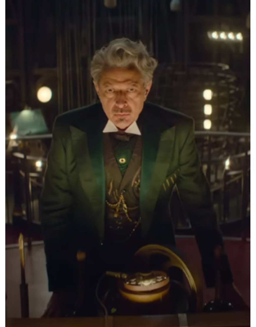 Wizard Film Wicked 2024 Jeff Goldblum Green Coat.