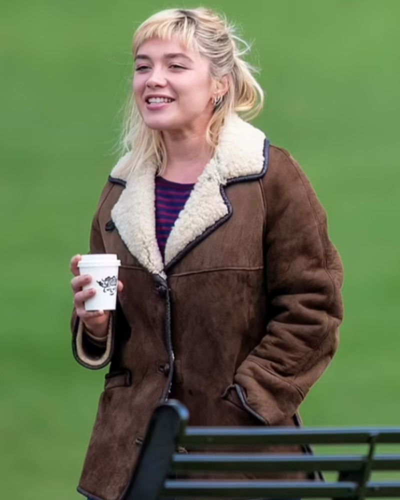 Almut Film We Live In Time 2025 Florence Pugh Brown Shearling Jacket.