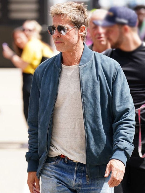 Brad-Pitt-British-Grand-Prix-F1-Blue-Suede-Leather-Bomber-Jacket