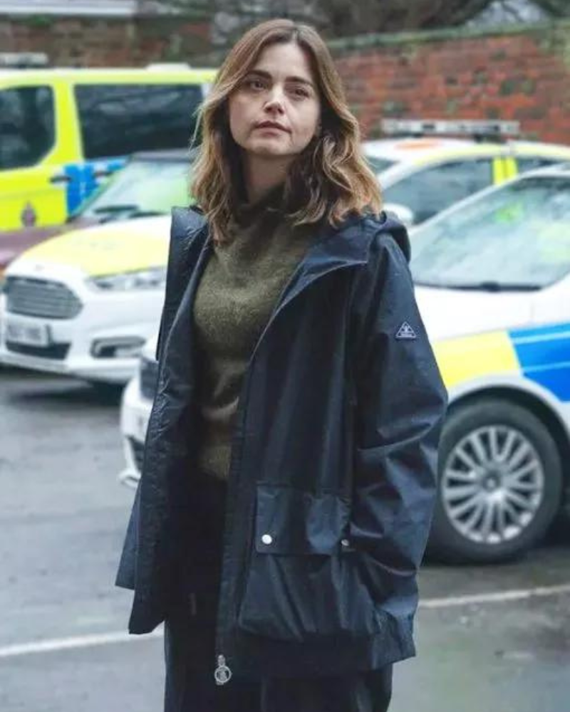 Ember Tv Series The Jetty 2024 Jenna Coleman Blue Hooded Jacket.