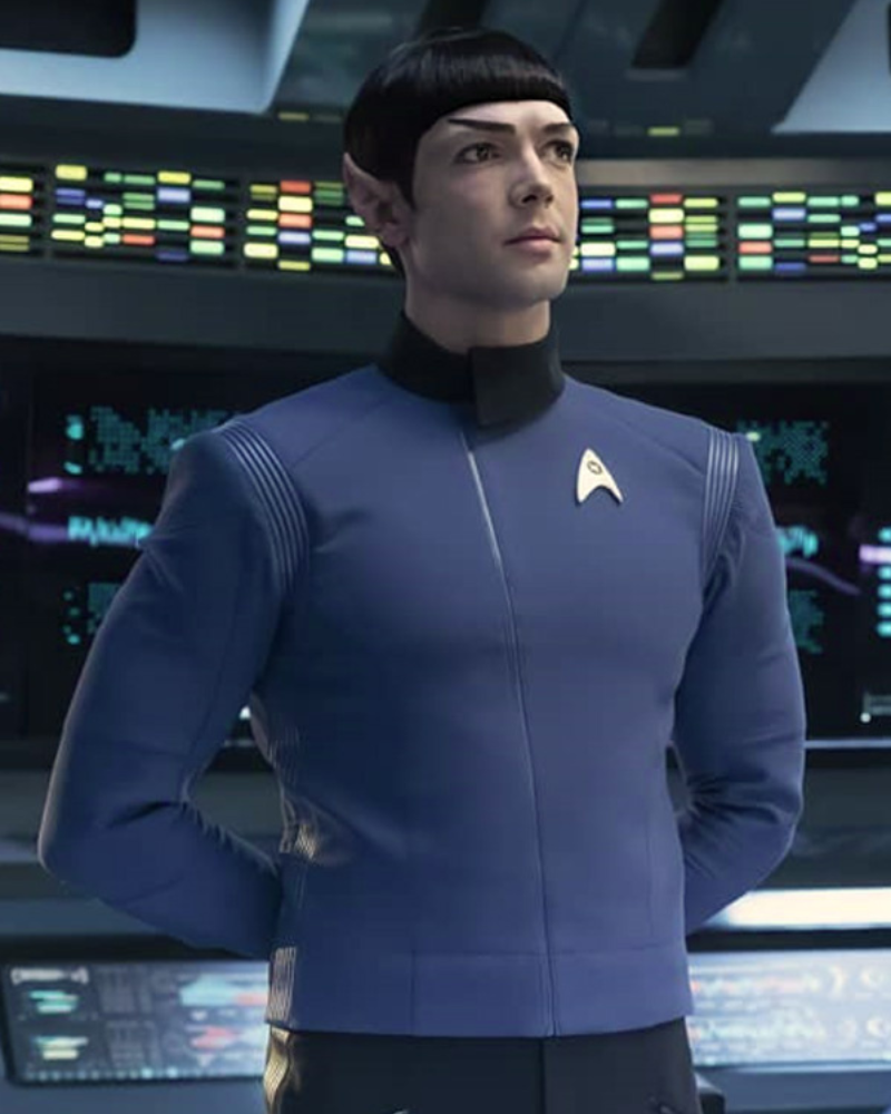 Ethan Peck Star Trek Strange New Worlds Tv Series Spock Uniform Blue Leather Jacket Ethan Peck Star Trek Strange New Worlds Tv Series Spock Uniform Blue Leather Jacket