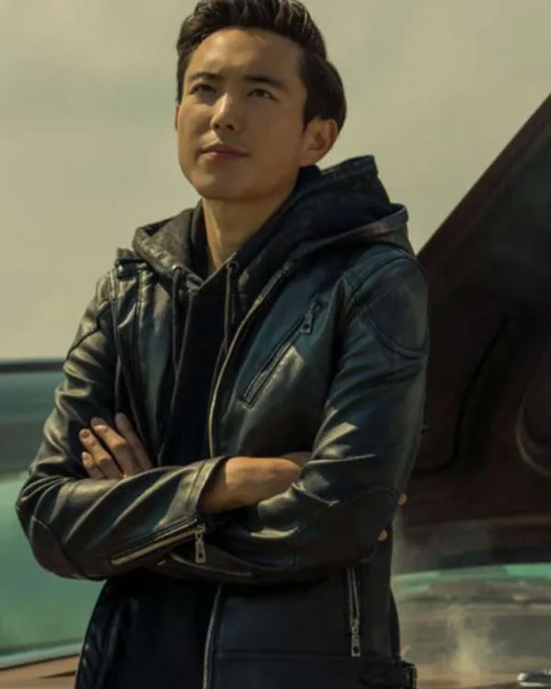Justin H. Min The Umbrella Academy Tv Series Ben Hargreeves Black Leather Hooded Jacket