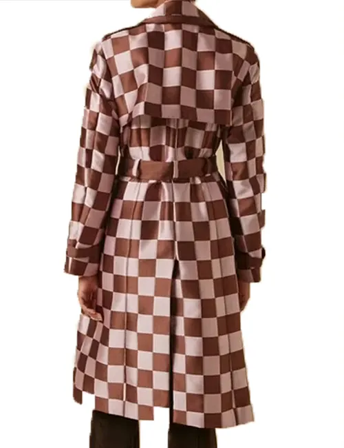 Lily-Collins-Emily-In-Paris-S04-Pink-Brown-Checkered-Trench-Coat-Back