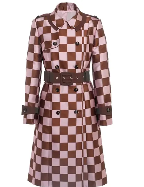 Lily-Collins-Emily-In-Paris-S04-Pink-Brown-Checkered-Trench-Coat