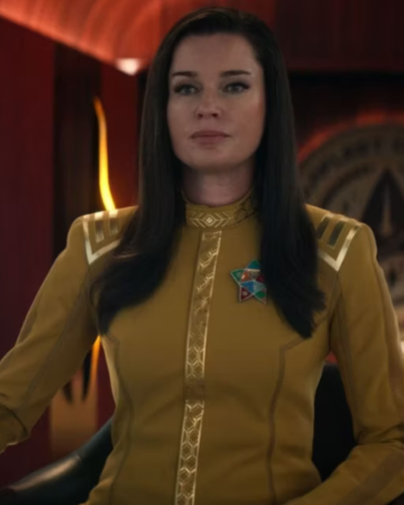 Rebecca Romijn Star Trek Strange New Worlds Tv Series Yellow Leather Uniform Jacket Rebecca Romijn Star Trek Strange New Worlds Tv Series Yellow Leather Uniform Jacket