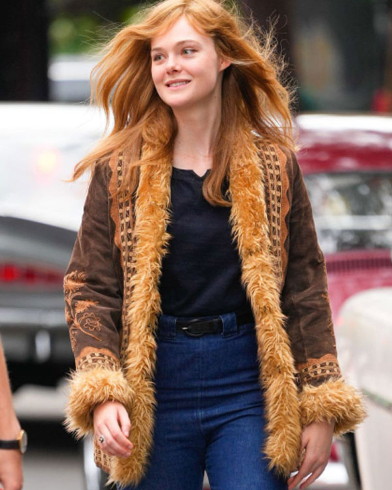 Sylvie Russo A Complete Unknown Elle Fanning Brown Shearling Suede Leather Jacket