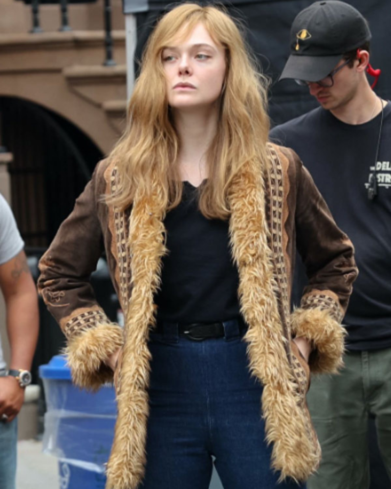 Sylvie Russo A Complete Unknown Elle Fanning Brown Shearling Suede Leather Jacket.
