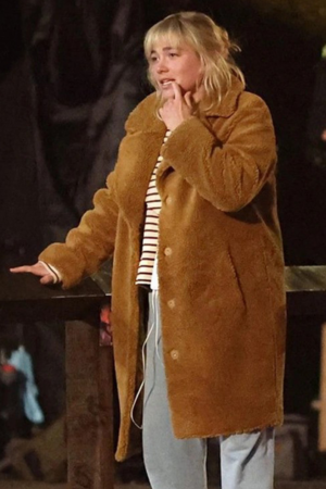 We Live In Time 2025 Florence Pugh Brown Shearling Coat.