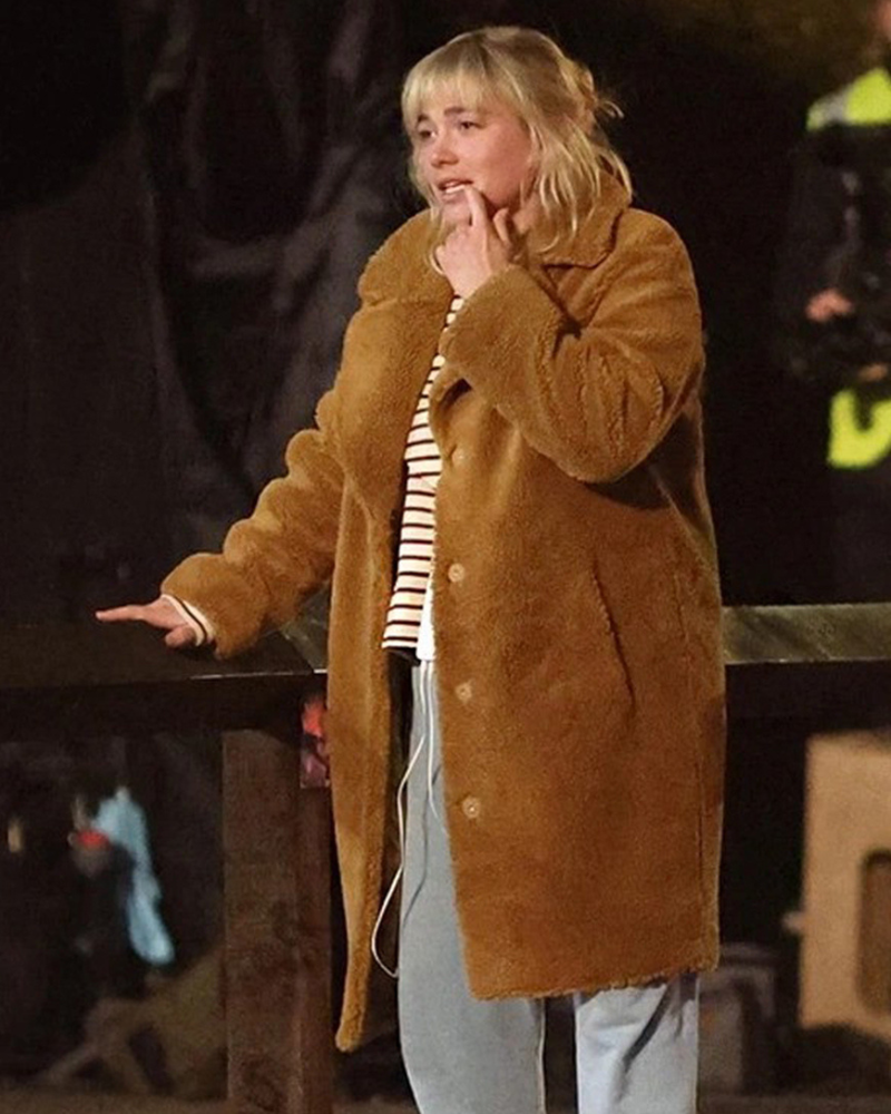 We Live In Time 2025 Florence Pugh Brown Shearling Coat.