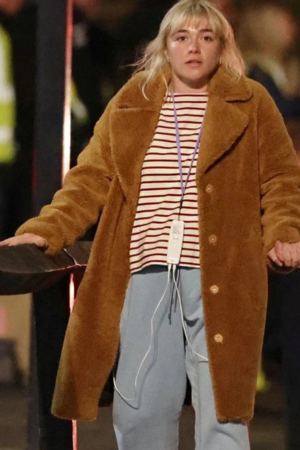 We Live In Time 2025 Florence Pugh Brown Shearling Coat