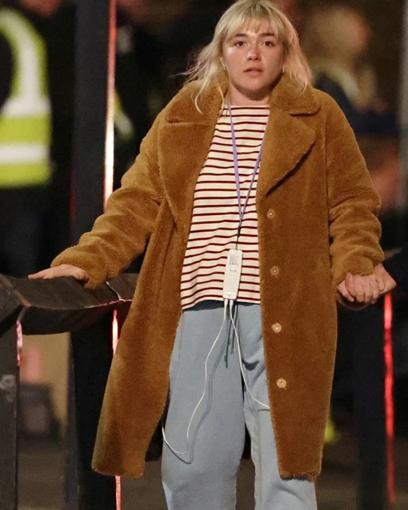 We Live In Time 2025 Florence Pugh Brown Shearling Coat