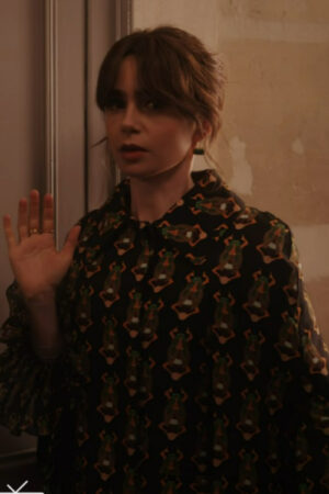 Emily-In-Paris-S04-Lily-Collins-Black-Orange-Beetle-Print-Cape-Coat