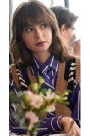 Emily-In-Paris-S04-Lily-Collins-Brown-Argyle-Striped-Vest