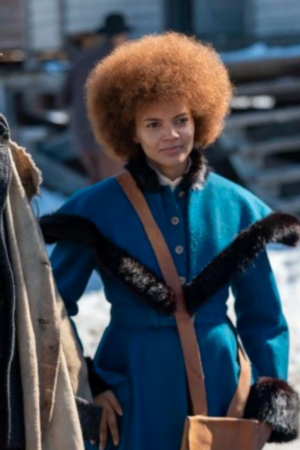 Film The Thicket 2024 Leslie Grace Blue Fur Belted Coat.