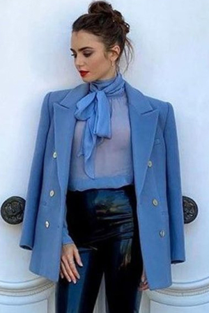 Lily Collins Tv Series Emily In Paris Emily Cooper Blue Peacoat