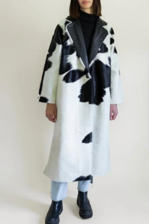 Cowhide Fur Black And White Leather Trench Coat