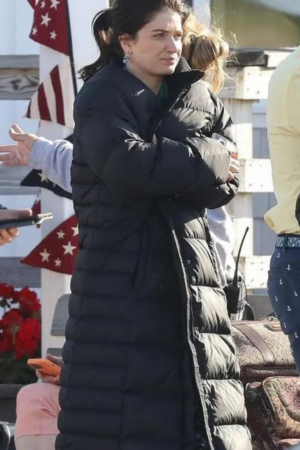 Eve Hewson The Perfect Couple 2024 Amelia Sacks Black Puffer Coat