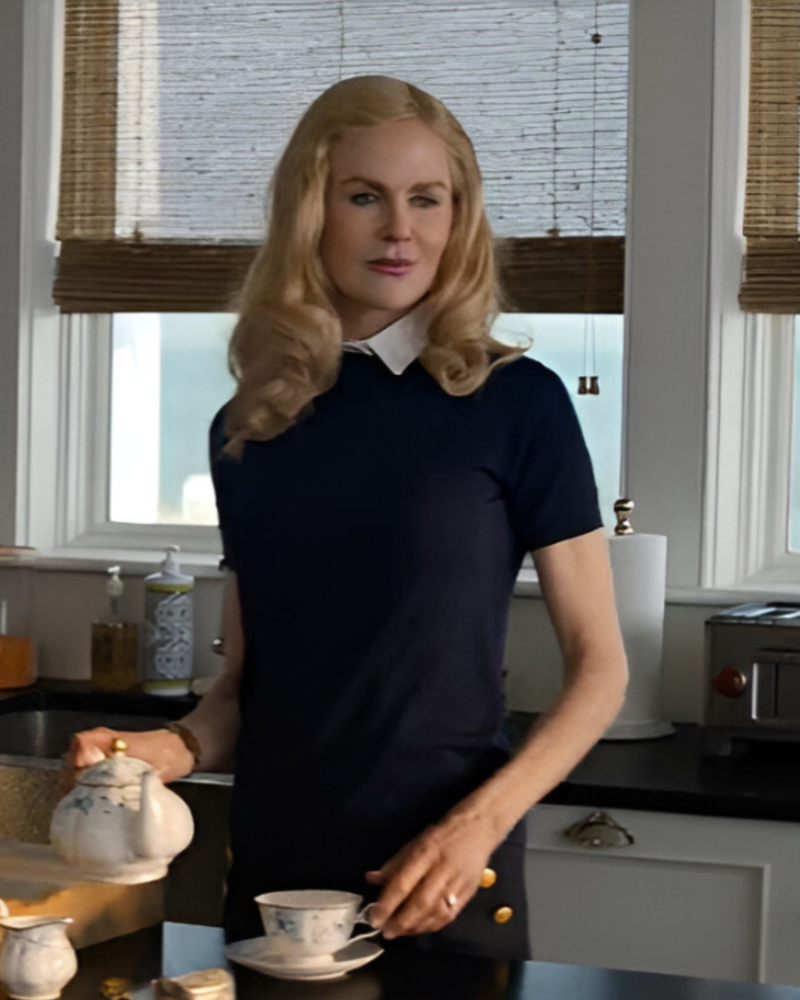 Greer Garrison Series The Perfect Couple 2024 Nicole Kidman Blue Collared T-shirt Greer Garrison Series The Perfect Couple 2024 Nicole Kidman Blue Collared T-shirt