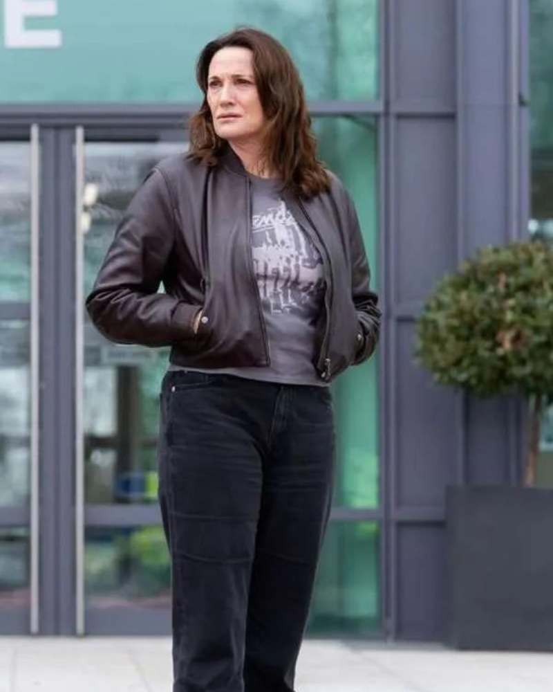 Sarah Parish Curfew 2024 Pamela Black Bomber Leather Jacket Sarah Parish Curfew 2024 Pamela Black Bomber Leather Jacket