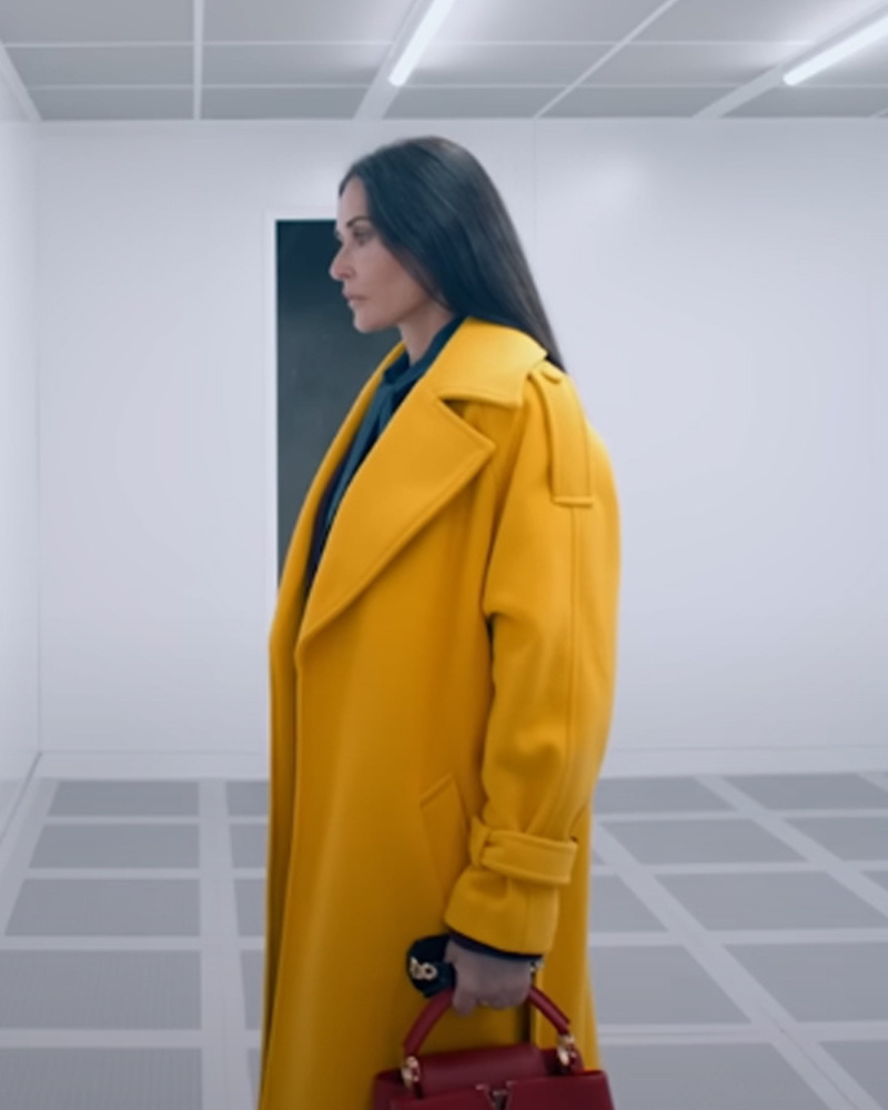 Elisabeth Sparkle The Substance 2024 Demi Moore Yellow Leather Trench Coat Elisabeth Sparkle The Substance 2024 Demi Moore Yellow Leather Trench Coat