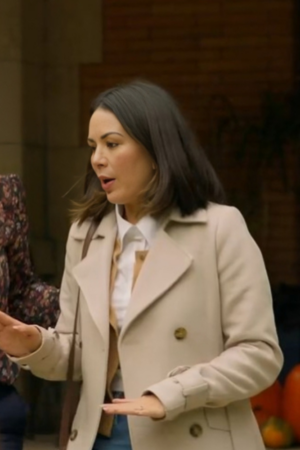 Haunted Wedding 2024 Janel Parrish Beige Coat