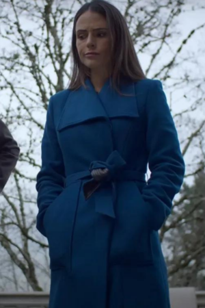 Sera Cellar Door Movie 2024 Jordana Brewster Blue Wool Trench Coat