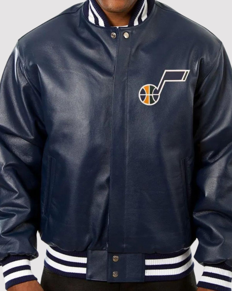 Utah Jazz Navy Blue Leather Varsity Jacket Utah Jazz Navy Blue Leather Varsity Jacket