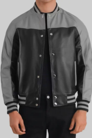 Mack Grey And Black Leather Varsity Jacket