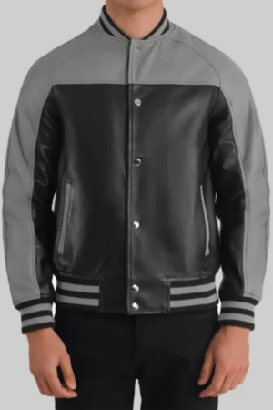 Mack Men’s Grey And Black Leather Varsity Jacket