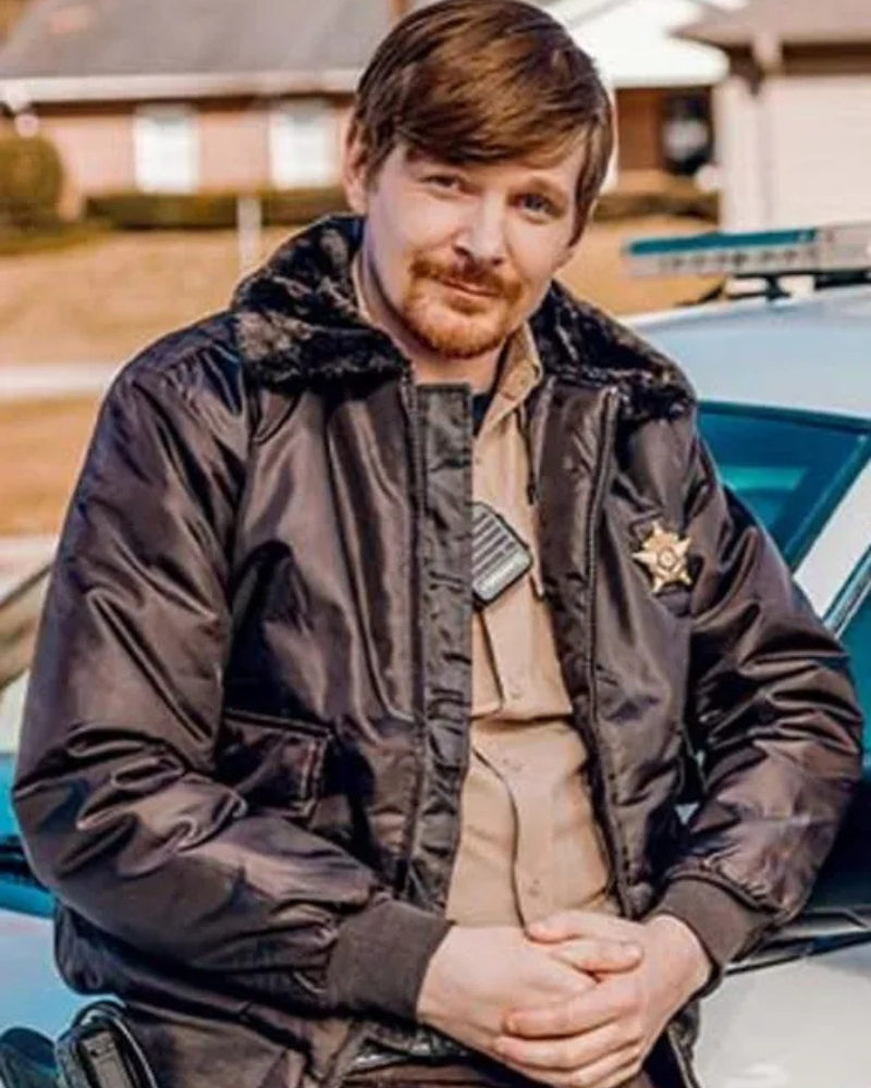 Ben Esler Blue Ridge Movie 2020 Deputy Thompson Shearling Black Bomber Jacket Ben Esler Blue Ridge Movie 2020 Deputy Thompson Shearling Black Bomber Jacket