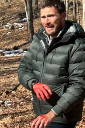 Joe Travers Alarum Movie 2025 Scott Eastwood Green Puffer Hooded Jacket