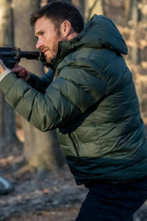 Joe Travers Alarum Movie 2025 Scott Eastwood Green Puffer Jacket