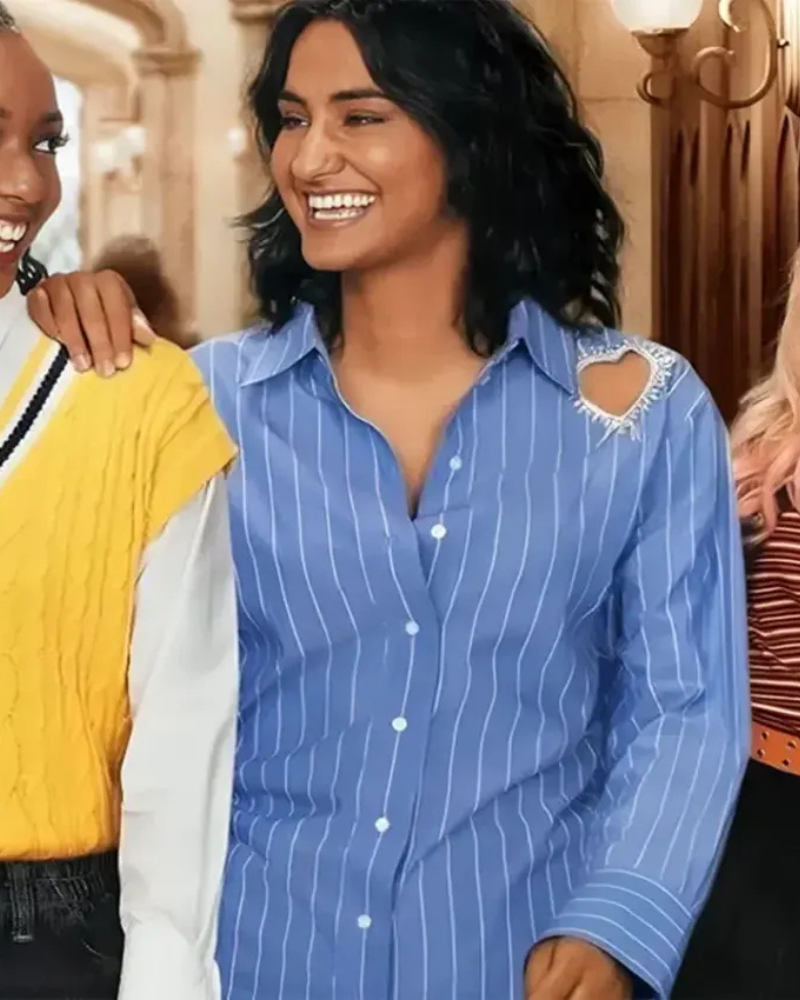 The Sex Lives Of College Girls Season 03 Amrit Kaur Heart Cut Out Striped Blue Shirt The Sex Lives Of College Girls Season 03 Amrit Kaur Heart Cut Out Striped Blue Shirt