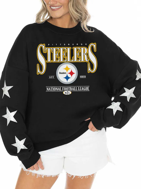 Pittsburgh Steelers Black Rhinestone Star Sleeve Sweatshirt Pittsburgh Steelers Black Rhinestone Star Sleeve Sweatshirt