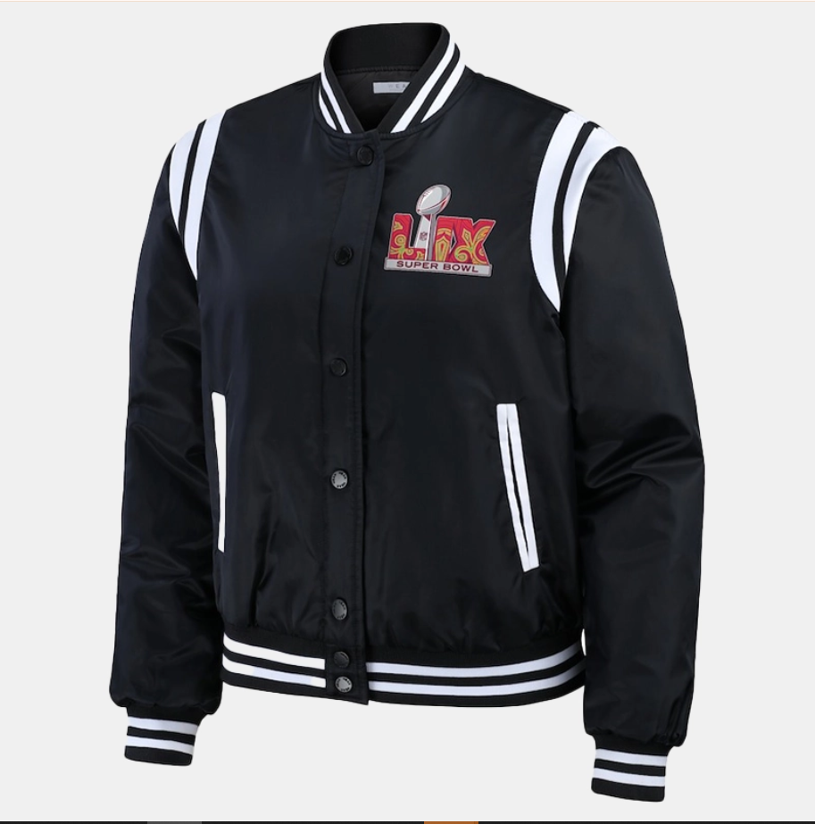 Super Bowl LIX WEAR by Erin Andrews Women's Varsity Bomber Jacket - Black Super Bowl LIX WEAR by Erin Andrews Women's Varsity Bomber Jacket - Black